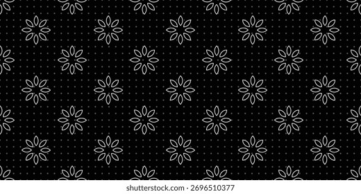 florales nahtloses Muster monochrom schwarz Hintergrund Umriss Blumen und winzigen Punkt Raster abstrakte minimale Vektorgrafik