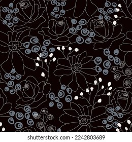 Floral seamless pattern in monochrome colors. Black background. Vector illustration.