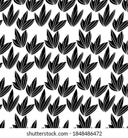 Patrón floral sin fisuras con hojas exóticas monocromáticas, fondo moderno. Ramas trópicas en blanco y negro. Ilustración del material vectorial de moda para papel pintado, carteles, tarjeta, tela, textil.