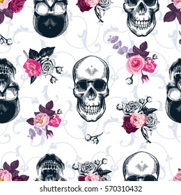 Patrón floral sin fisuras con cráneos humanos monocromos en el estilo de madera y rosas silvestres coloreadas en el fondo. Ilustración vectorial para papel tapiz, papel textil, papel envolvente