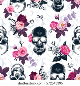 Floral seamless pattern with monochrome human skulls in woodcut style and colored wild roses on background. Vector illustration for wallpaper, textile print, wrapping paper.