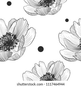 Floral seamless pattern of monochrome peonies on a white  background vector.