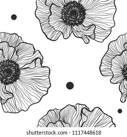 Floral seamless pattern of monochrome poppies on a white  background vector.
