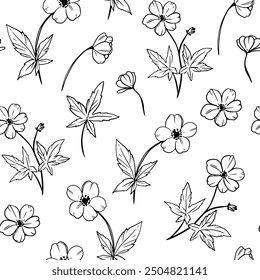 Floral seamless pattern, monochrome sketch, hand drawn vector