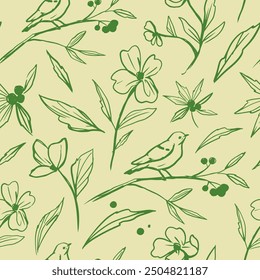 Floral seamless pattern, monochrome sketch, hand drawn vector