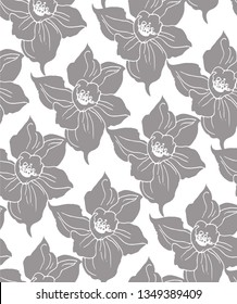 Floral seamless pattern with monochrome stylised silhouettes of flowers on white background. Isolated elements in hand drawn graphic. For wallpaper design, fabrics, home textile.