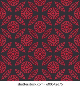Floral seamless pattern. Monotone seamless background. Regular pattern with stylized flowers and leafs. Red and black color. Dark background. Vector design.