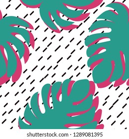 Floral seamless pattern with monstera leaves. Green and pink leaves of Monstera. Line Background. Tropical pattern with leaves.