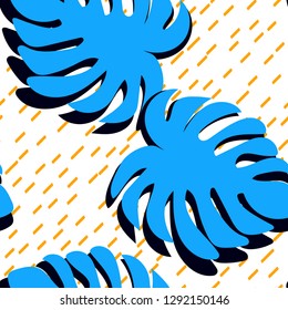 Floral seamless pattern with monstera leaves. Blue leaves of Monstera. Line Background.