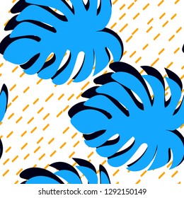 Floral seamless pattern with monstera leaves. Blue leaves of Monstera. Line Background.