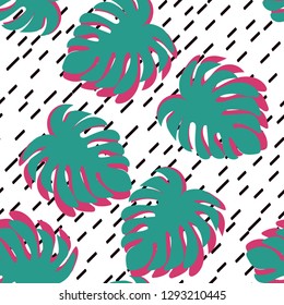 Floral seamless pattern with monstera leaves. Green and pink leaves of Monstera. Line Background. Tropical pattern with leaves.
