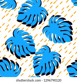 Floral seamless pattern with monstera leaves. Blue leaves of Monstera. Line Background.
