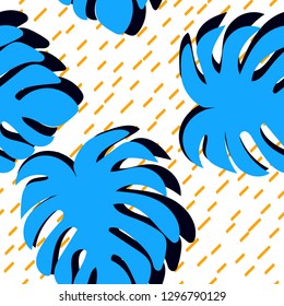 Floral seamless pattern with monstera leaves. Blue leaves of Monstera. Line Background.