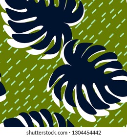 Floral seamless pattern with monstera leaves. Blue leaves of Monstera. Line Background.