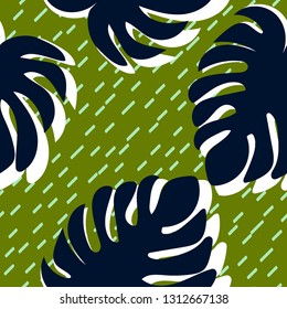 Floral seamless pattern with monstera leaves. Blue leaves of Monstera. Line Background.