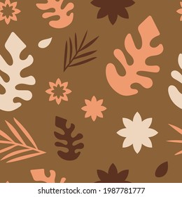 Floral seamless pattern. Pattern of monstera leaves, palm leaves and flowers. Vector pattern.
