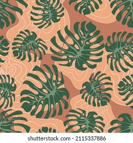 Patrón floral sin fisuras con hojas de monstera. Vector. Diseño de moda para textiles, tejidos, papel pintado, papel pintado.