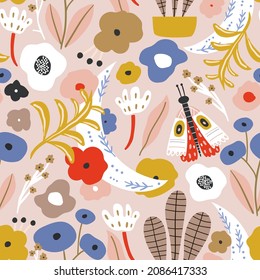 Floral seamless pattern with moon, moth, leaves, flowers. Flourish spring texture. Perfect for fabric, wallpaper, textile. Vector illustration