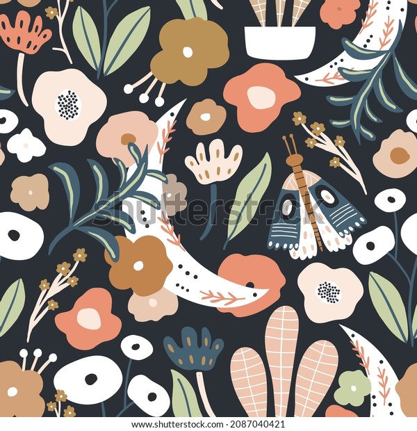 Floral seamless pattern with moon, moth,\
leaves, flowers. Flourish garden texture. Perfect for fabric,\
wallpaper, textile. Vector\
illustration