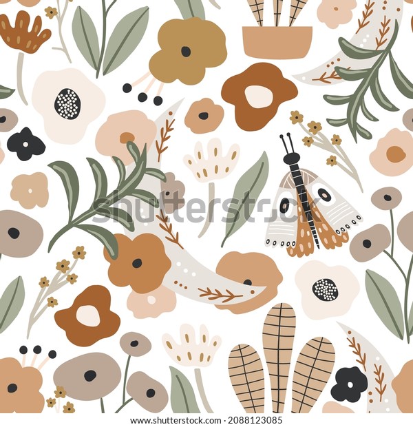 Floral seamless pattern with moon, moth,\
leaves, flowers. Flourish boho colors texture. Perfect for fabric,\
wallpaper, textile. Vector\
illustration