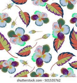Floral seamless pattern with multicolor bright summer flowers, leaves and buds on white background. Endless multicolored vector texture for romantic design, decoration, posters, textile print, fabric.
