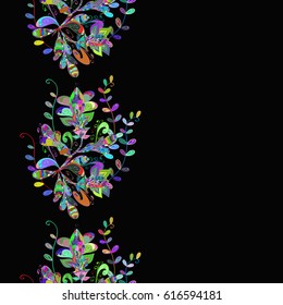 Floral seamless pattern with multicolor bright summer flowers, leaves and buds on black background. Endless multicolored vector texture for romantic design, decoration, posters, textile and fabric.