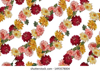 Floral seamless pattern with multicolored chrysanthemums and green leaves on white background. For textile, wallpapers, print, greeting. Vector.