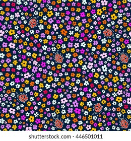 Floral seamless pattern. Multicolored elegant little flowers and funny bugs on a blue background, vector texture, illustration.