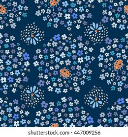 Floral seamless pattern. Multicolored elegant little flowers and funny bugs on a blue background, vector texture, illustration.