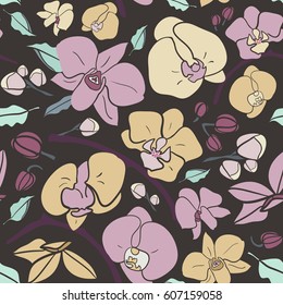 Floral seamless pattern. Multicolored orchids on a dark background.
