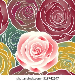 The floral seamless pattern of multicolored rose flowers. Vector illustration. Fabric texture pattern with seamless rose flowers.