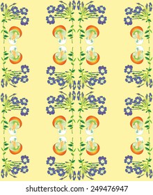 Floral seamless pattern with mushrooms and forget flower-art deco style