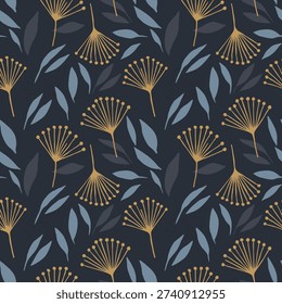 Floral seamless pattern with mustard dandelion flowers and blue leaves on dark navy background modern botanical design for fabric textile wallpaper wrapping paper and decorative surface.