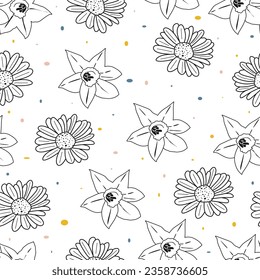 Floral seamless pattern with narcissus and Chamomile flowers. Hand drawn beautiful textile floral background with daffodils, camomile and doodle colorful dots on white background. Vector illustration