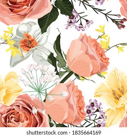 Floral Seamless Pattern with narcissus, creamy roses, spring flowers and leaves. Blooming Flowers on white Background.	