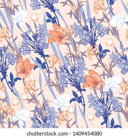 
Floral seamless pattern with narcissus, tulip, voloshka, clover and other flowers