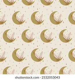 Floral seamless pattern neutral branch elements. Moon with leaf and stars pattern