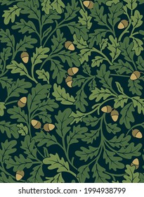 Floral seamless pattern with oak leaves and acorns on dark background. Vector illustration.