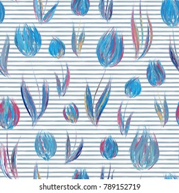 Floral seamless pattern. Oil paint tulips on the stripped background. Vector
