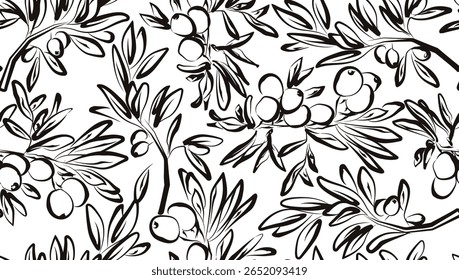 Floral Seamless Pattern. Olive Branch Hand Drawn Grunge Seamless Background. Flower Motif Batik Design. Olive Leaves Trendy Background. Vector illustration. Not AI