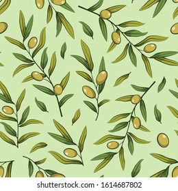 Floral seamless pattern with olive branches; green olives with foliage on green background; natural design for fabric, wallpaper, textile, package, tablecloth, web design.