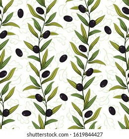 Floral seamless pattern with olive branches; vertical olive branches with foliage and black olives; natural design for fabric, wallpaper, textile, package, tablecloth, web design.