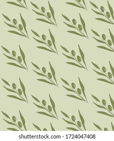 Floral seamless pattern with olive branches; olives with foliage on green background; natural design for fabric, wallpaper, textile, package, web design.
