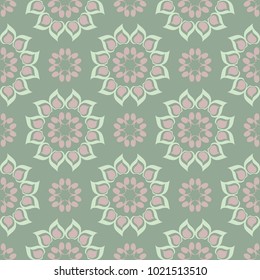 Floral seamless pattern. Olive green background with pale pink flower elements for wallpapers, textile and fabrics
