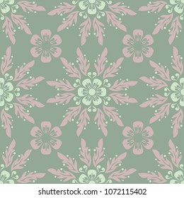 Floral seamless pattern. Olive green background with pale pink flower elements for wallpapers, textile and fabrics