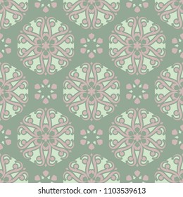 Floral seamless pattern. Olive green background with pale pink flower elements for wallpapers, textile and fabrics