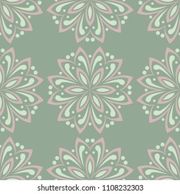 Floral seamless pattern. Olive green background with pale pink flower elements for wallpapers, textile and fabrics