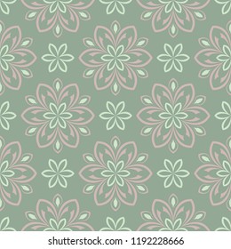Floral seamless pattern. Olive green background with pale pink flower elements for wallpapers, textile and fabrics
