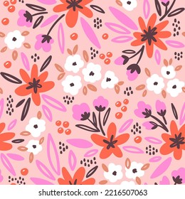 Floral seamless pattern on a beige background. Simple flowers for textile or paper design. Vector illustration.