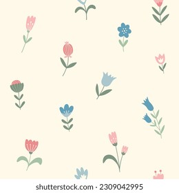 Nahtlose Blumenmuster auf beigem Hintergrund. Doodle Illustrationen mit stilisierten dekorativen Blumenelementen. Frisch gezeichneter, flacher Pflanzenhintergrund. Stoffdesign mit flachen Farben, zum Verpacken von Papier.
